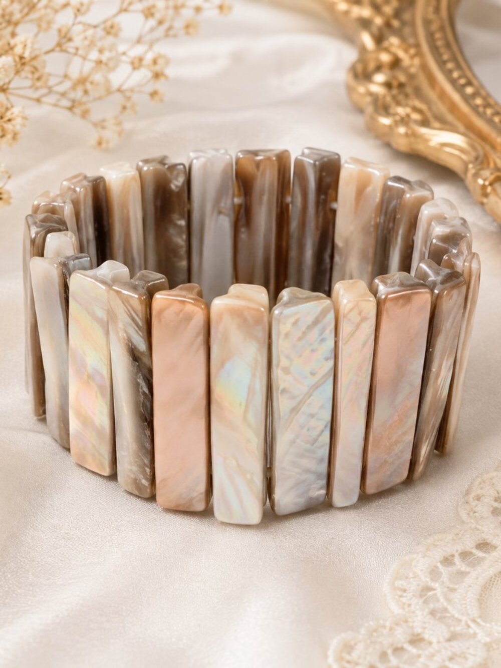 Vintage Mother of Pearl Shell Stick Stretch Bracelet Wide Iridescent Cuff